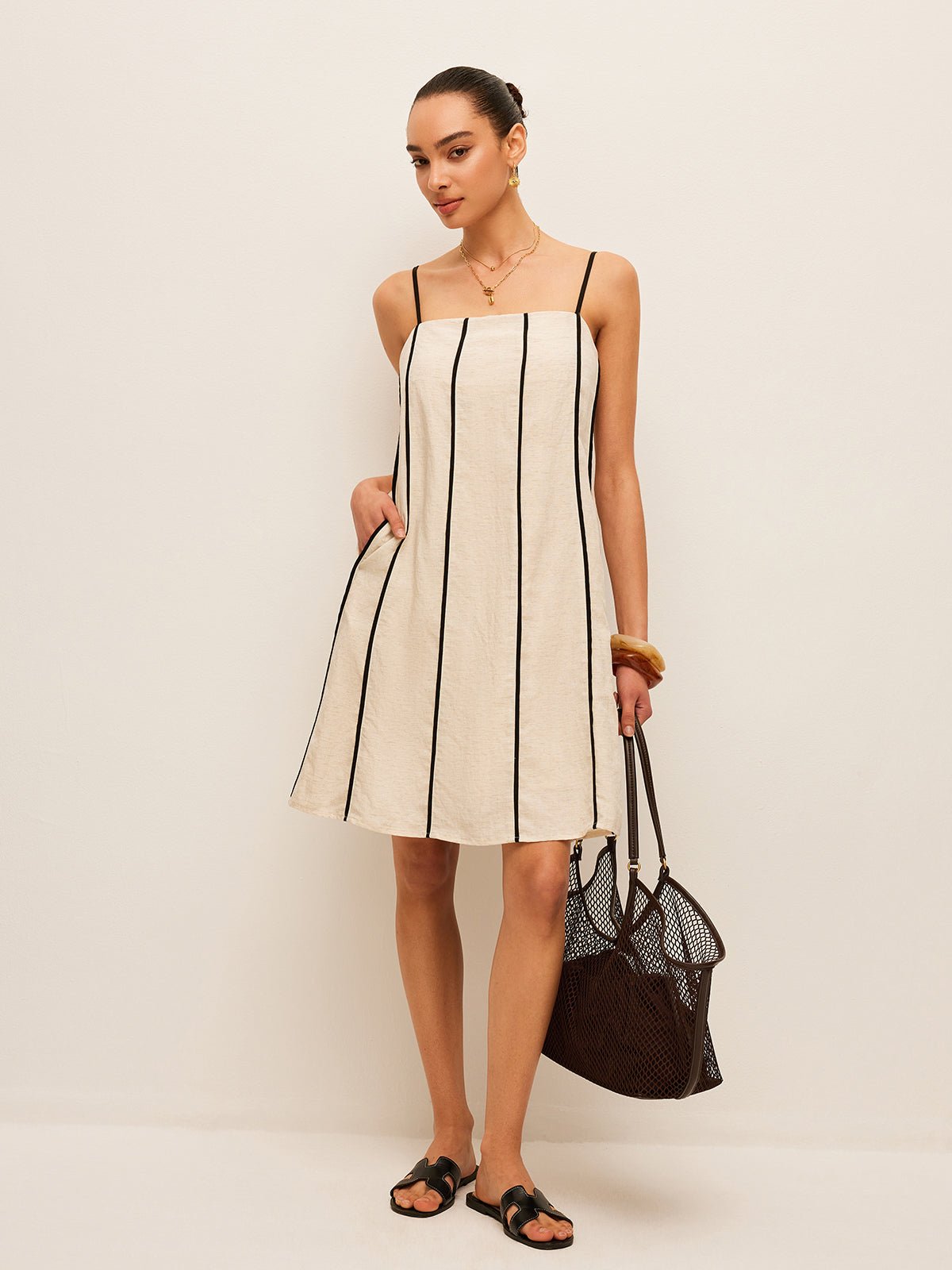 Pamuklu ve Keten Striped Elbise - Phentora