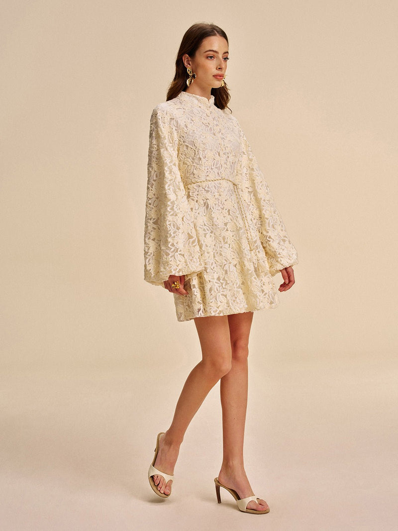 Dantel Bell - Sleeve Elbise With Belt - Phentora