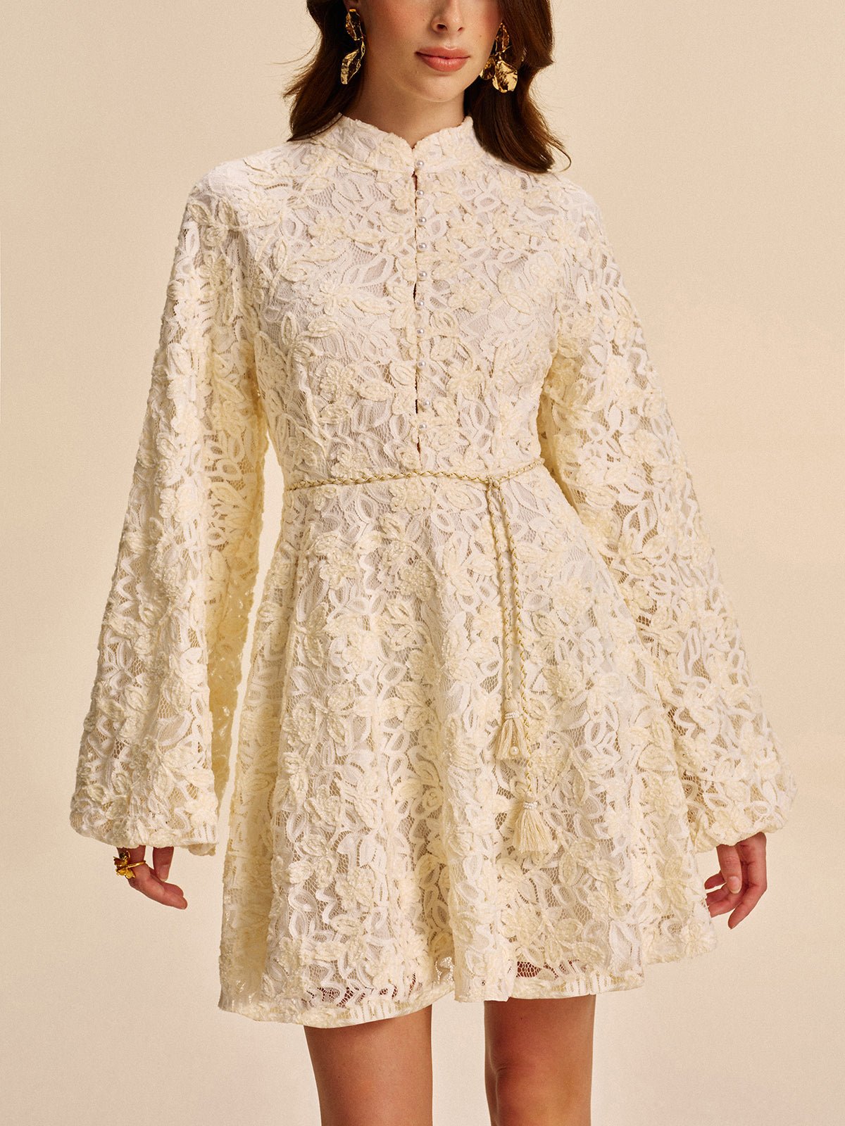 Dantel Bell - Sleeve Elbise With Belt - Phentora