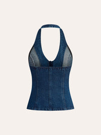 Boyundan Bağlamalı Neck Düğmeli Detaylı Denim Üst - Phentora