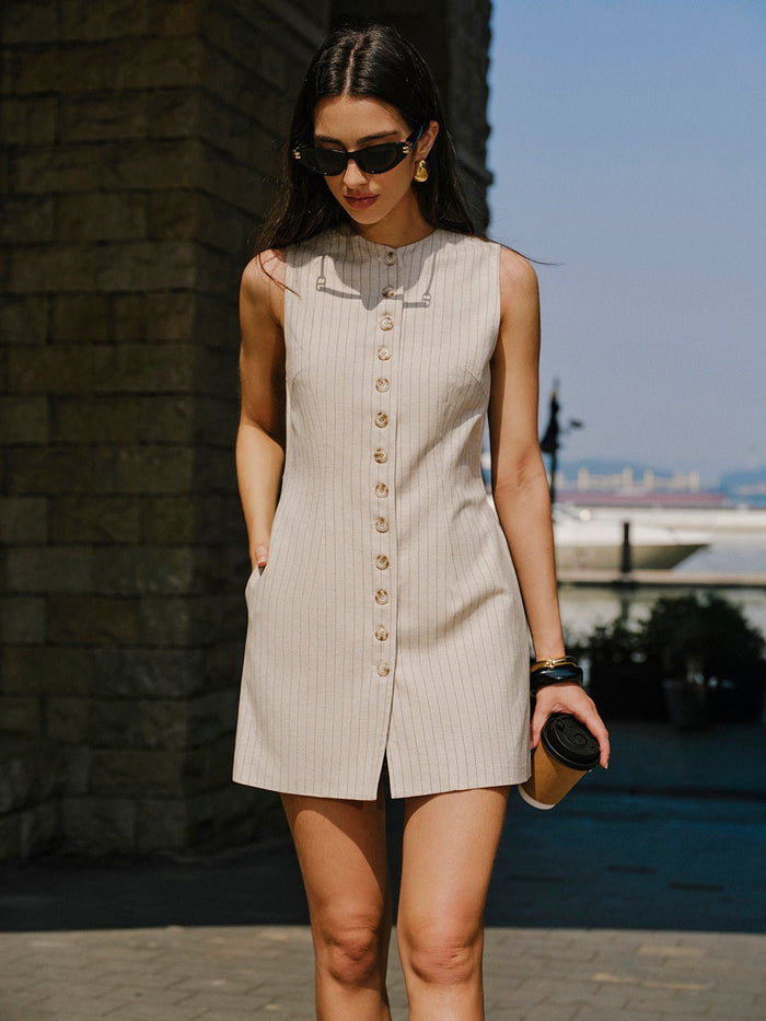 Keten Blend Düğmeli - Front Elbise With Pockets - Phentora