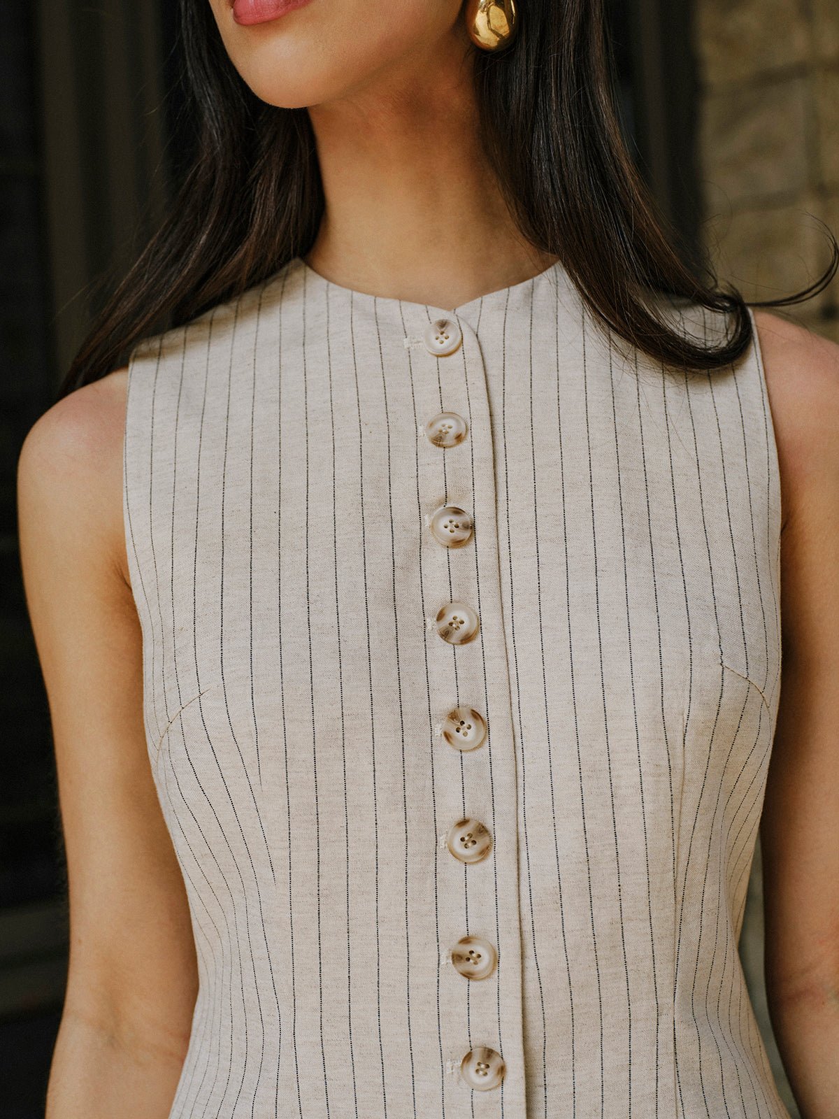Keten Blend Düğmeli - Front Elbise With Pockets - Phentora