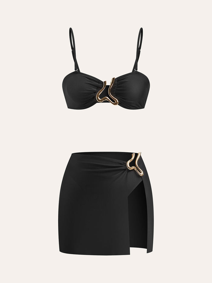 Golden Detaylı Bikini Takım With Cover - Up Etek - Phentora