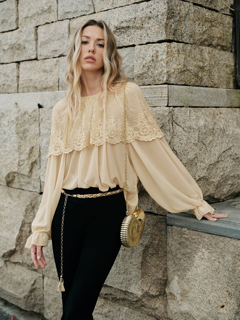 Semi - Sheer Dantel Şifon Bluz - Phentora