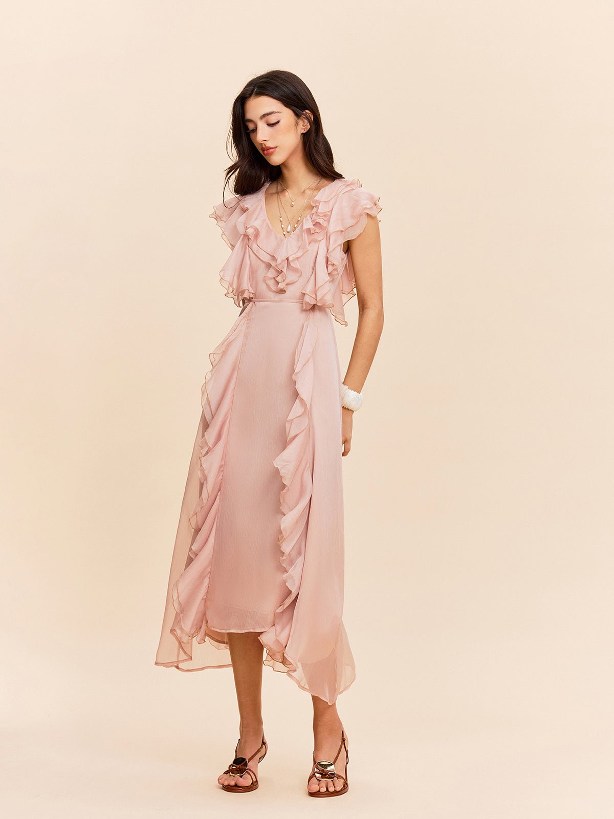 Semi - Sheer Fırfırlı Detaylı Elbise - Phentora