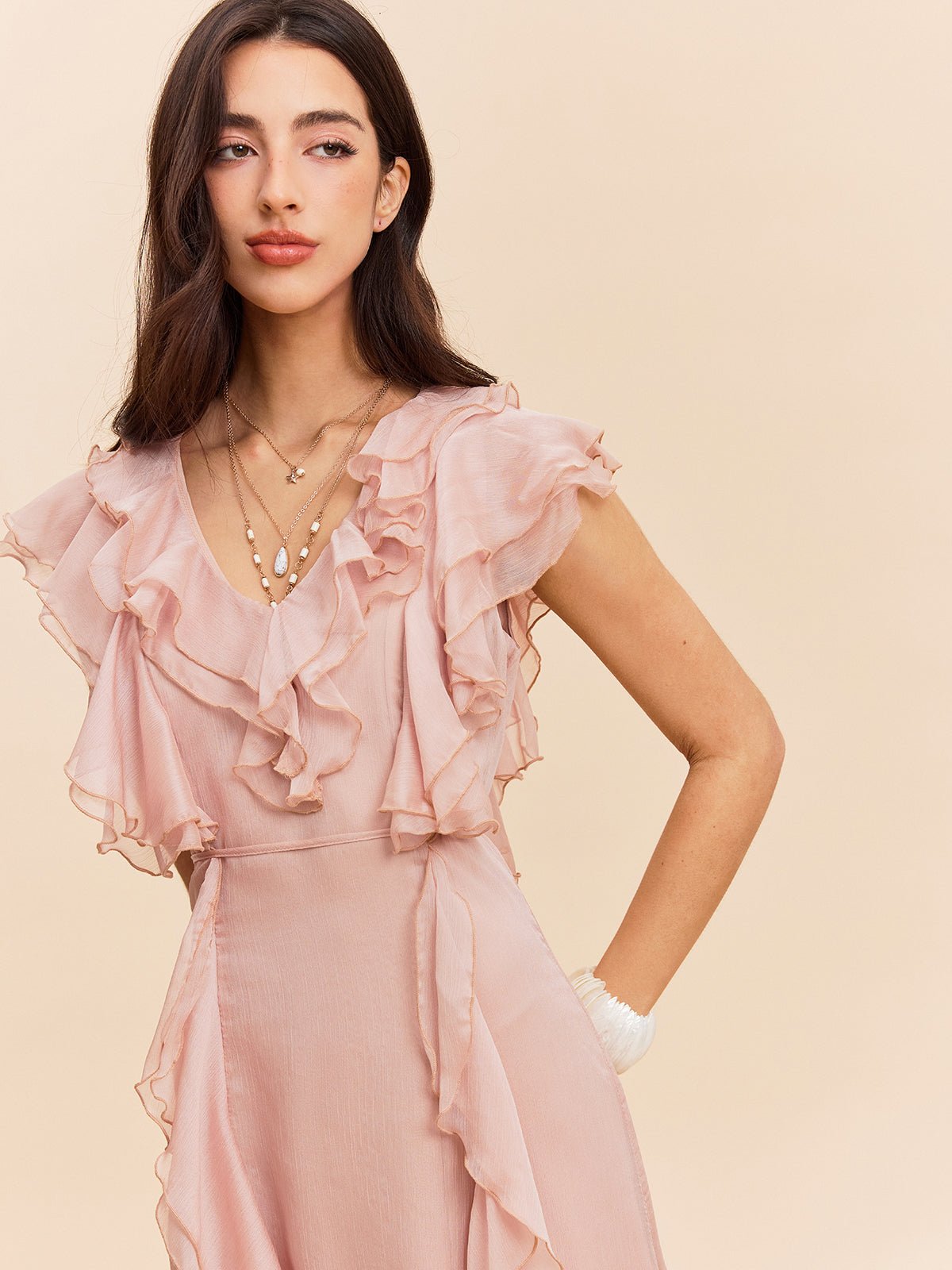 Semi - Sheer Fırfırlı Detaylı Elbise - Phentora
