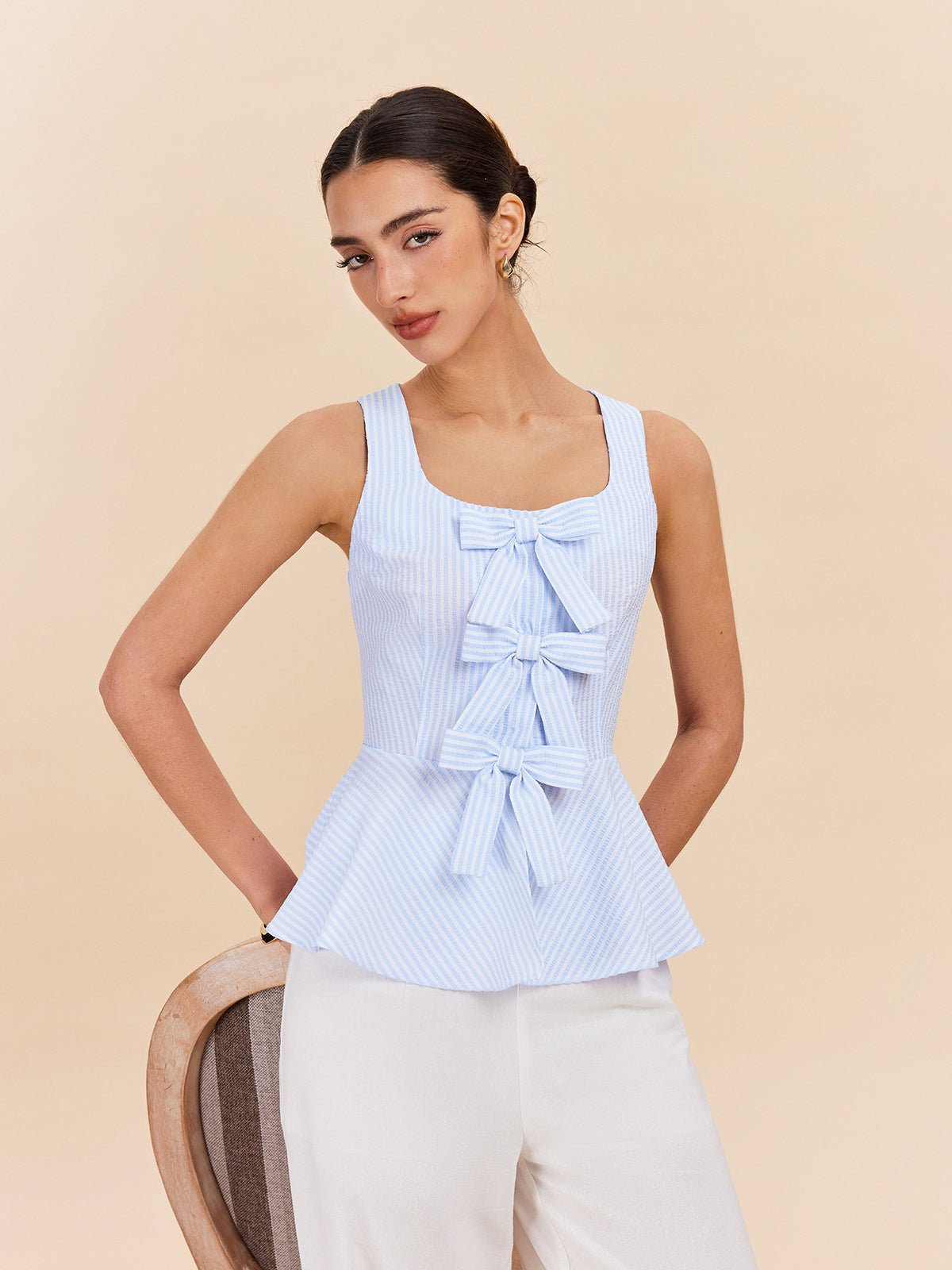 Striped Peplum Üst With Fiyonk Detaylı Details - Phentora