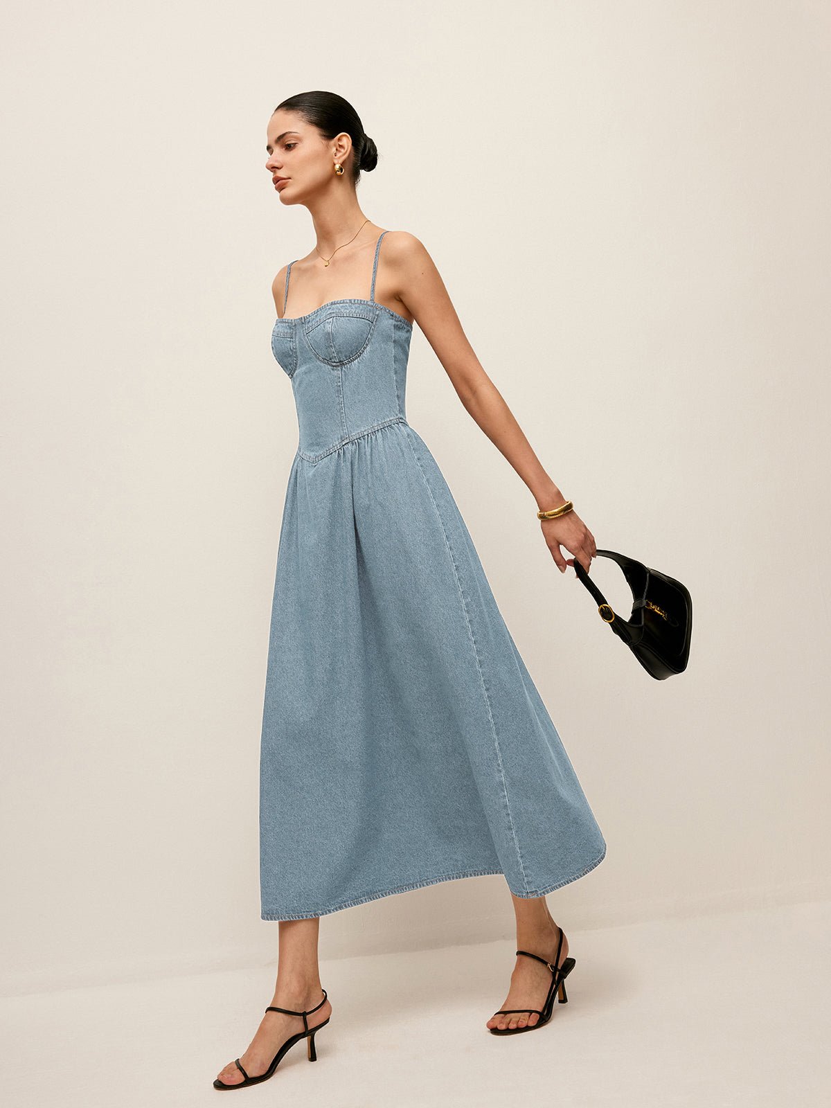 Sweetheart Collar Denim Elbise - Phentora
