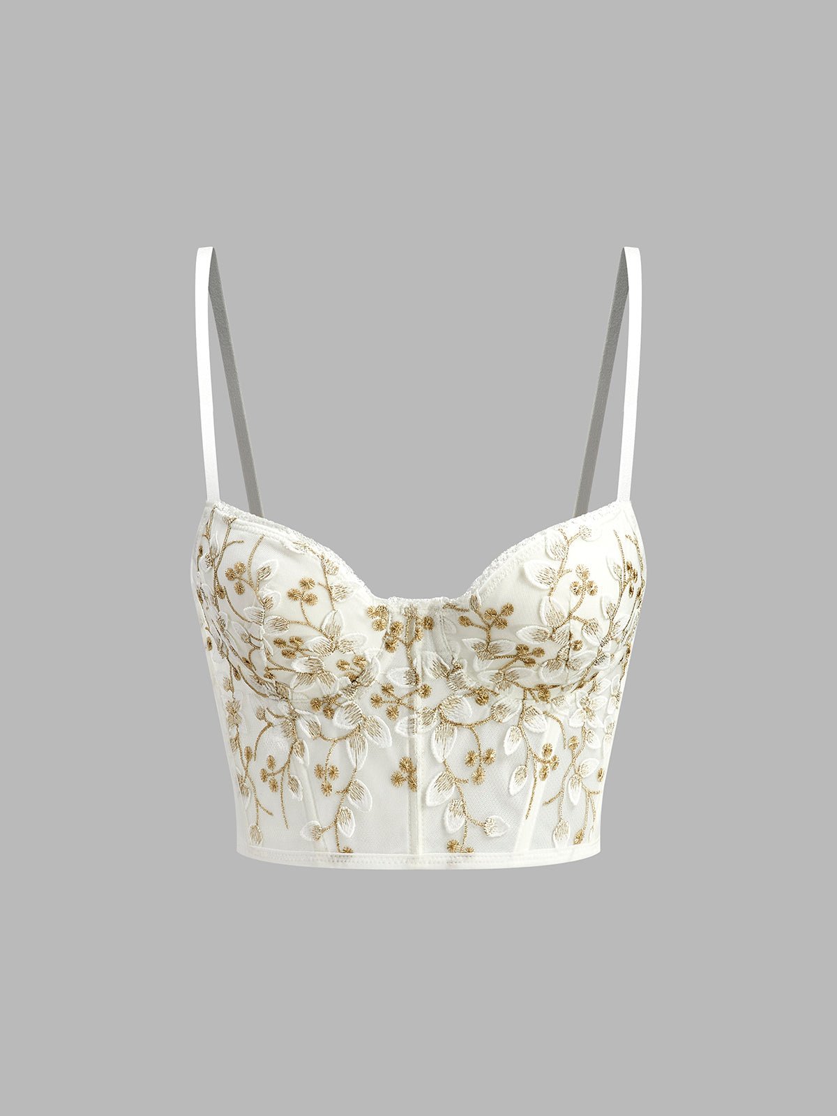 Çiçek Desenli Semi - Sheer Tül Dantel Crop Korse Üst - Phentora