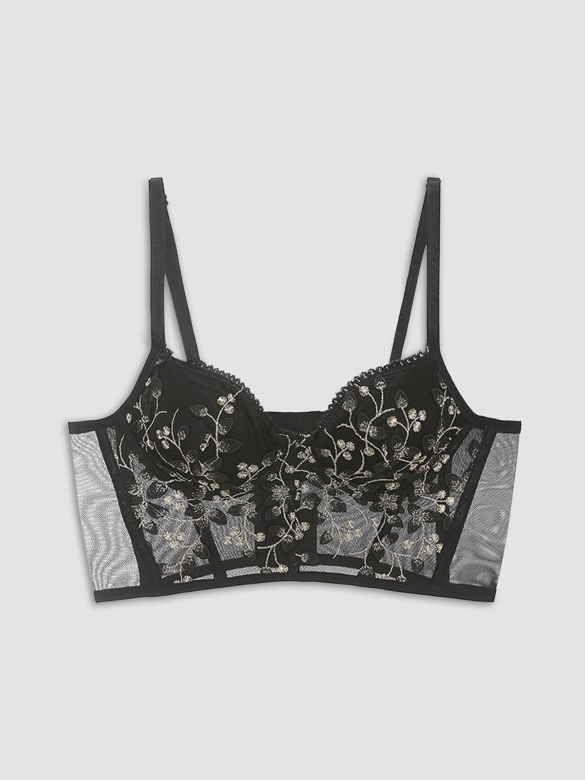 Çiçek Desenli Semi - Sheer Tül Dantel Crop Korse Üst - Phentora