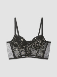 Çiçek Desenli Semi - Sheer Tül Dantel Crop Korse Üst - Phentora