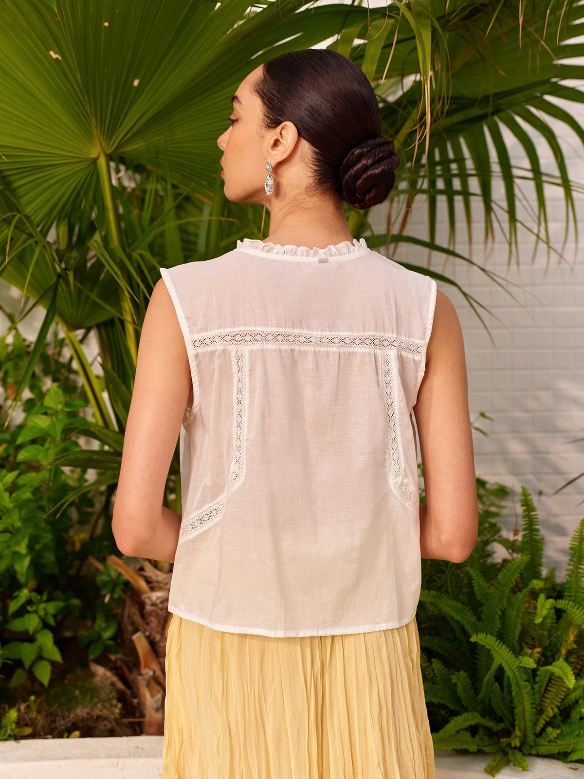 Semi - Sheer Embroidered Dantel Bağlamalı Bluz - Phentora