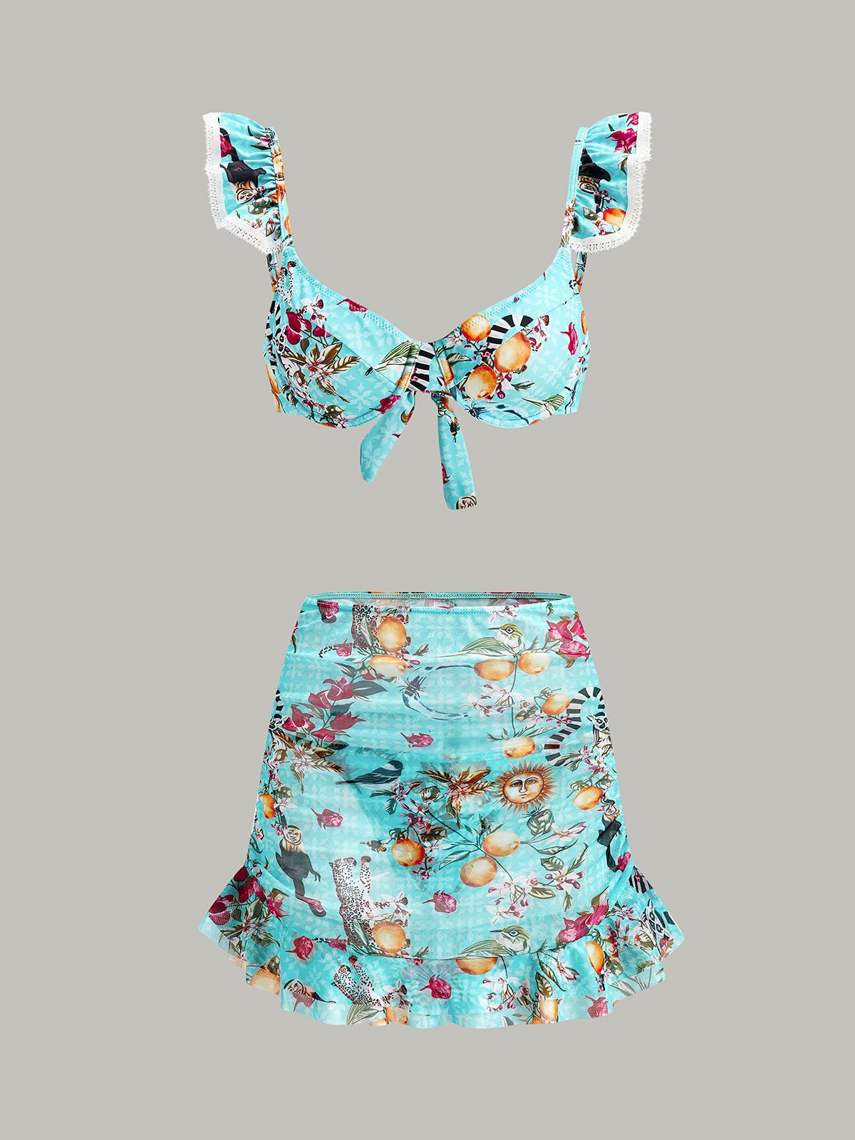 Çarpıcı Çiçek Desenli Bikini Takımı ve Şık Kapama Etek - Phentora