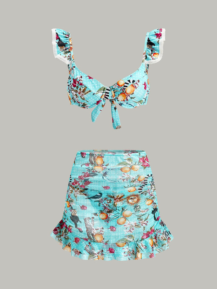 Çarpıcı Çiçek Desenli Bikini Takımı ve Şık Kapama Etek - Phentora