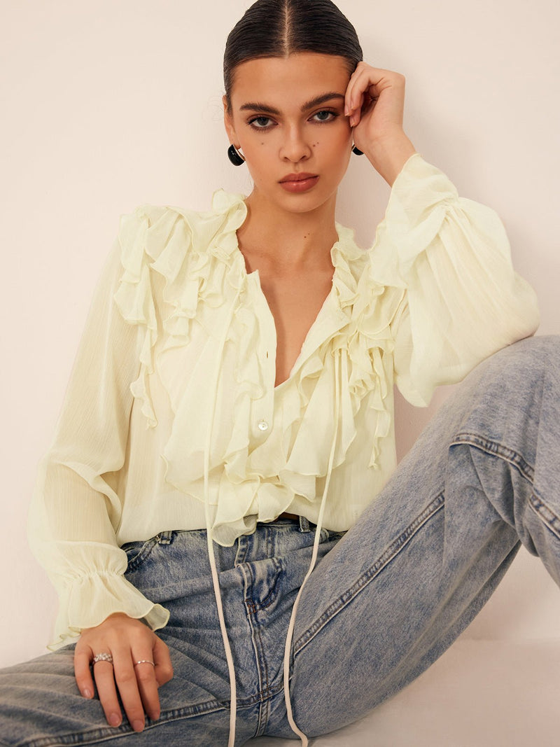 Semi - Sheer Fırfırlı Şifon Breasted Bluz - Phentora