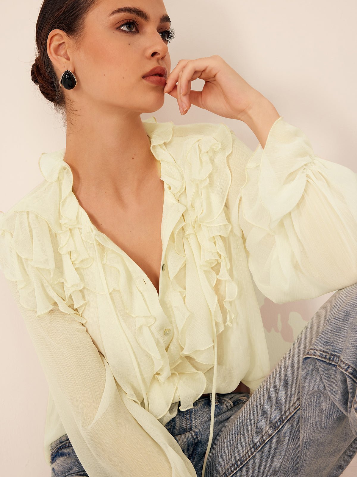 Semi - Sheer Fırfırlı Şifon Breasted Bluz - Phentora