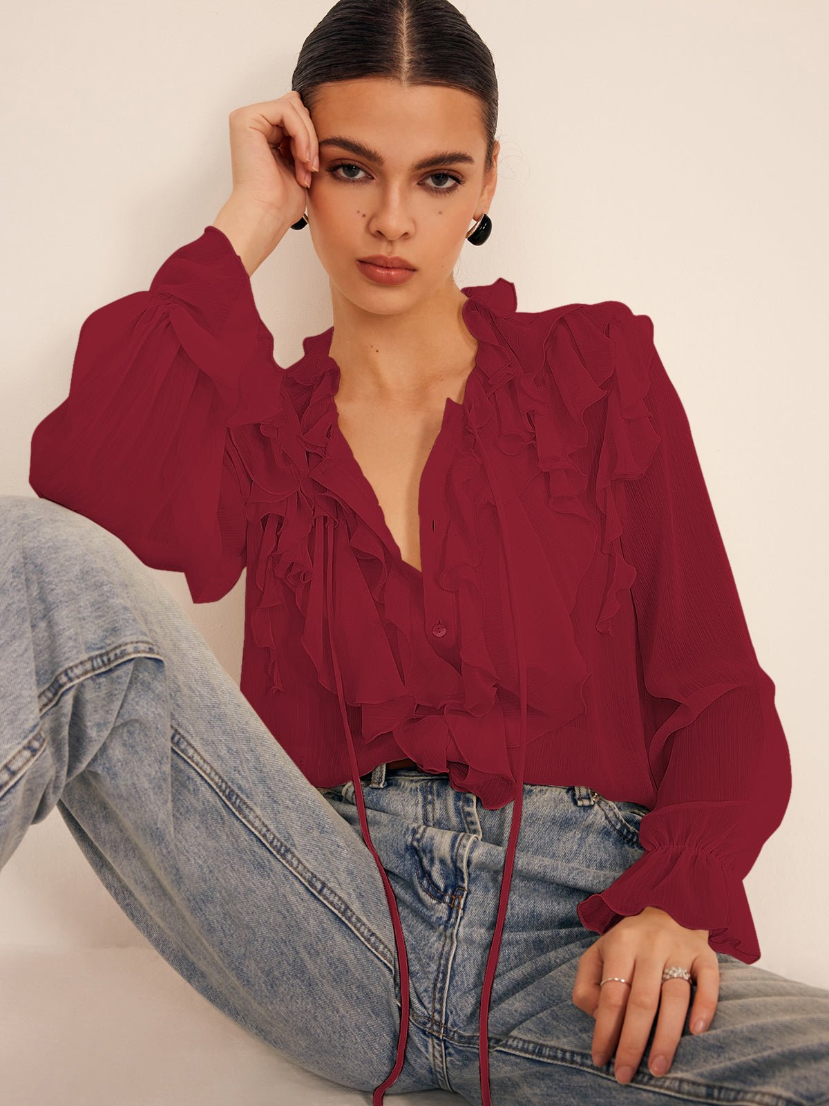 Semi - Sheer Fırfırlı Şifon Breasted Bluz - Phentora