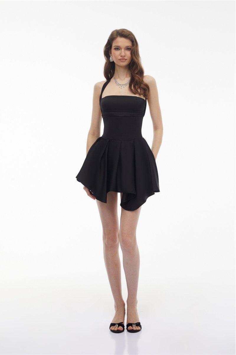 Behnaz Siyah Halter Yaka Asimetrik Mini Elbise - Phentora