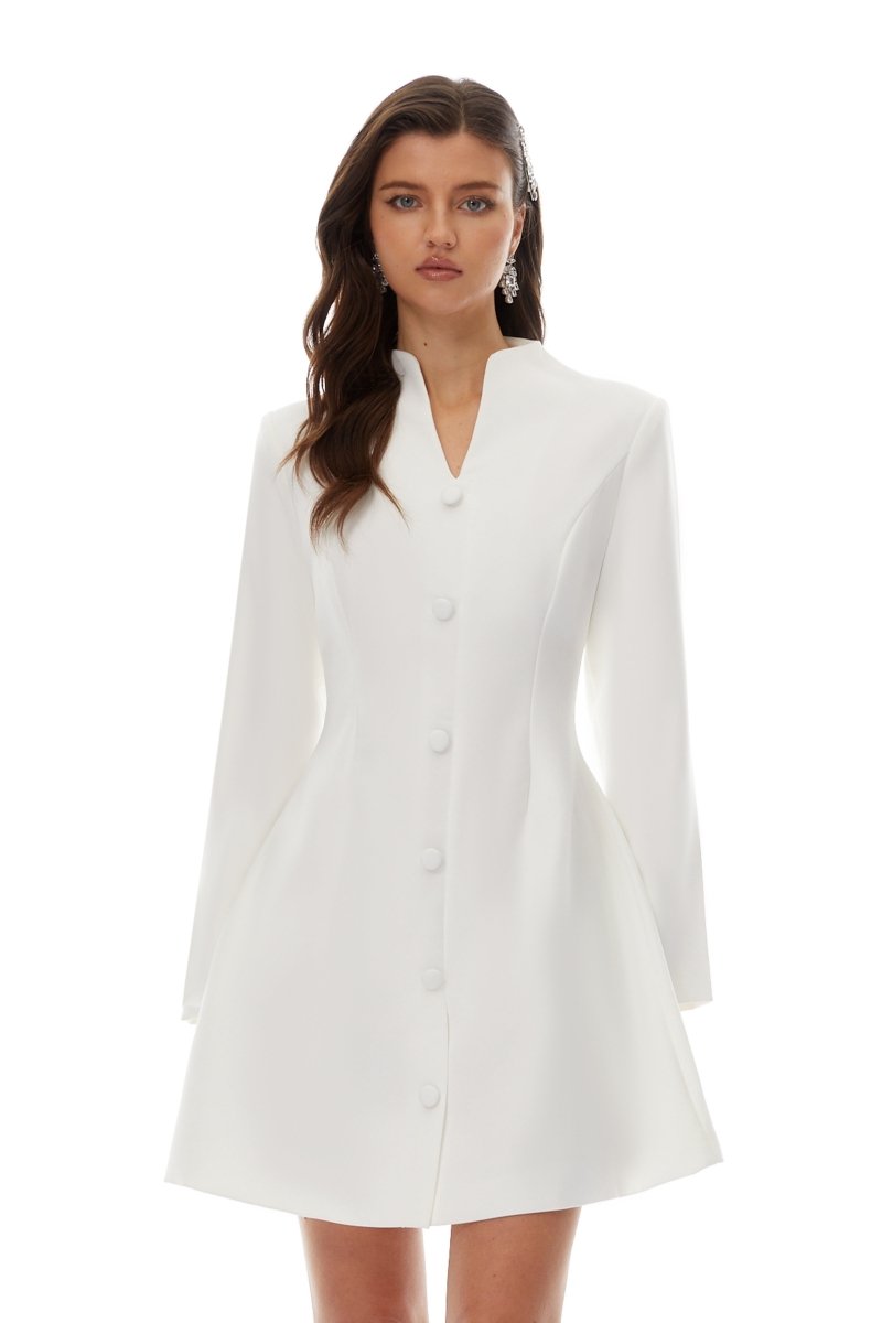 Beyaz Hakim Yaka Mini Blazer Elbise - Phentora