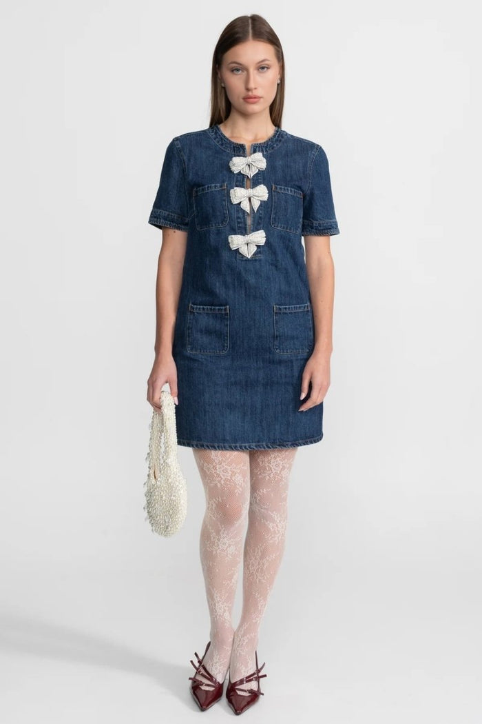 Parıldayan Fiyonklarla Süslenmiş Denim Mini Elbise - Phentora