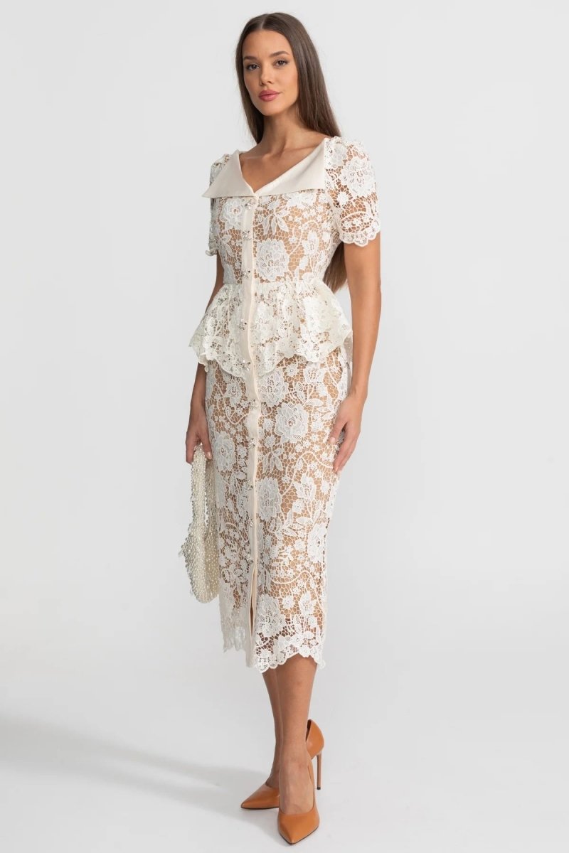 Peplum Bel Detaylı ve Saten Yakalı Dantel Midi Elbise - Phentora
