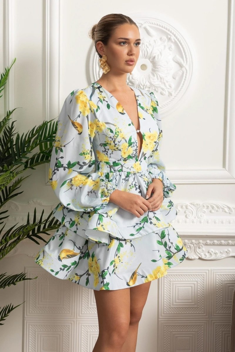 Romantic Mini Elbise ve Peplum Detaylı - Gök Mavisi - Phentora
