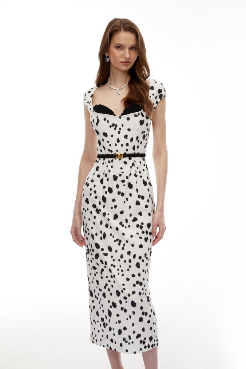 Beyaz Leopar Polka Midi Elbise - Phentora