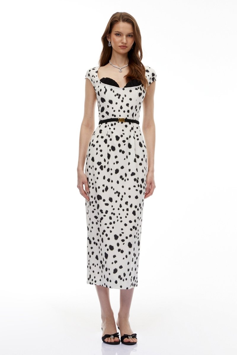 Beyaz Leopar Polka Midi Elbise - Phentora