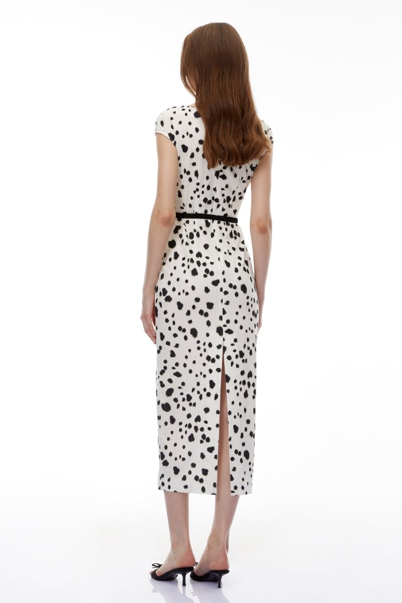 Beyaz Leopar Polka Midi Elbise - Phentora