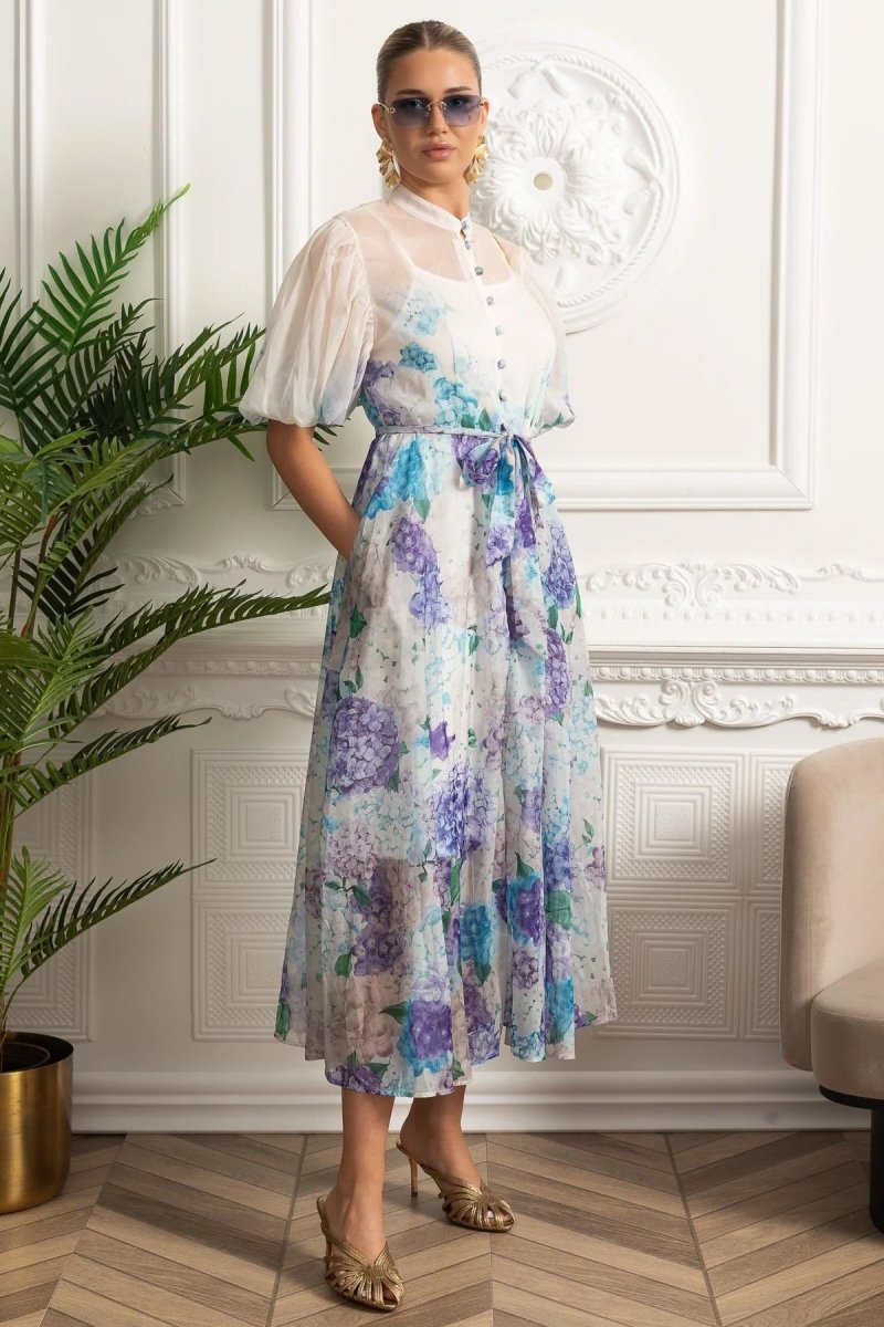 Silk Midi Gömlek Elbise Botanik Desenli ve Bağlama Kemer - Beyaz - Mavi - Phentora