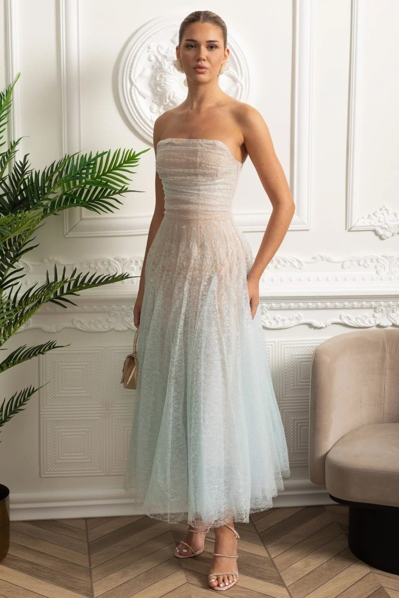 A Kesim Midi Elbise Shimmery Dokulu Katmanlı - Turquoise Geçişli Renkli - Phentora