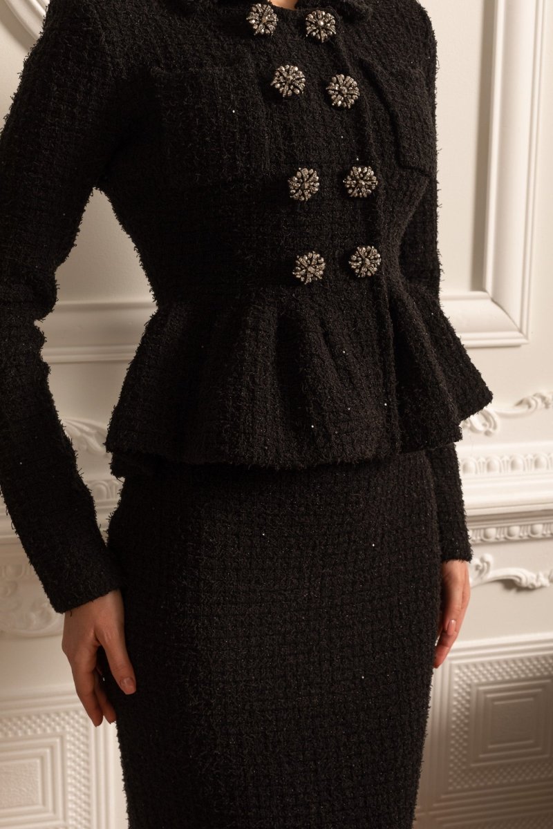 Peplum Bel Detaylı ve Süs Düğmeli Örgü Dokulu Elbise - Phentora