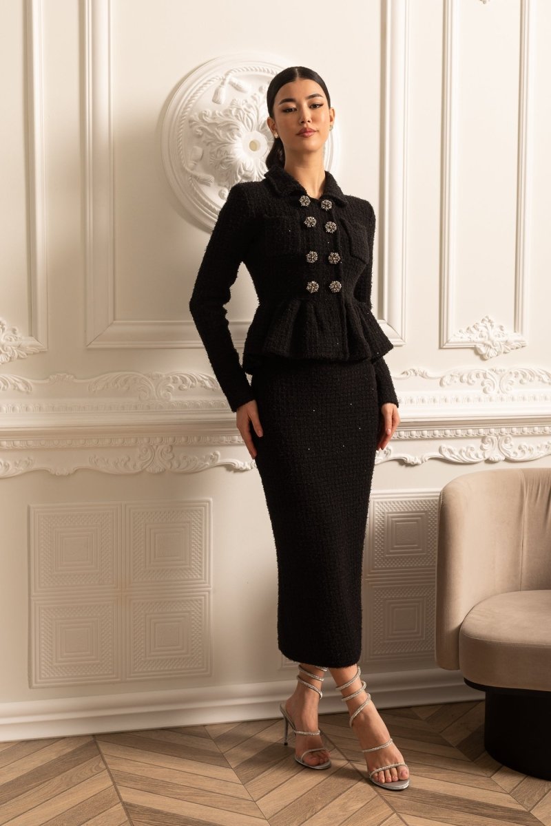 Peplum Bel Detaylı ve Süs Düğmeli Örgü Dokulu Elbise - Phentora