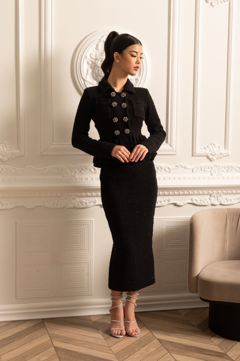 Peplum Bel Detaylı ve Süs Düğmeli Örgü Dokulu Elbise - Phentora