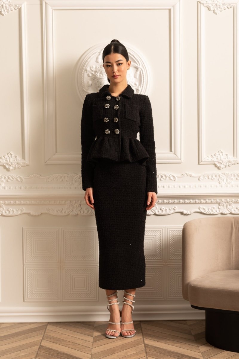 Peplum Bel Detaylı ve Süs Düğmeli Örgü Dokulu Elbise - Phentora