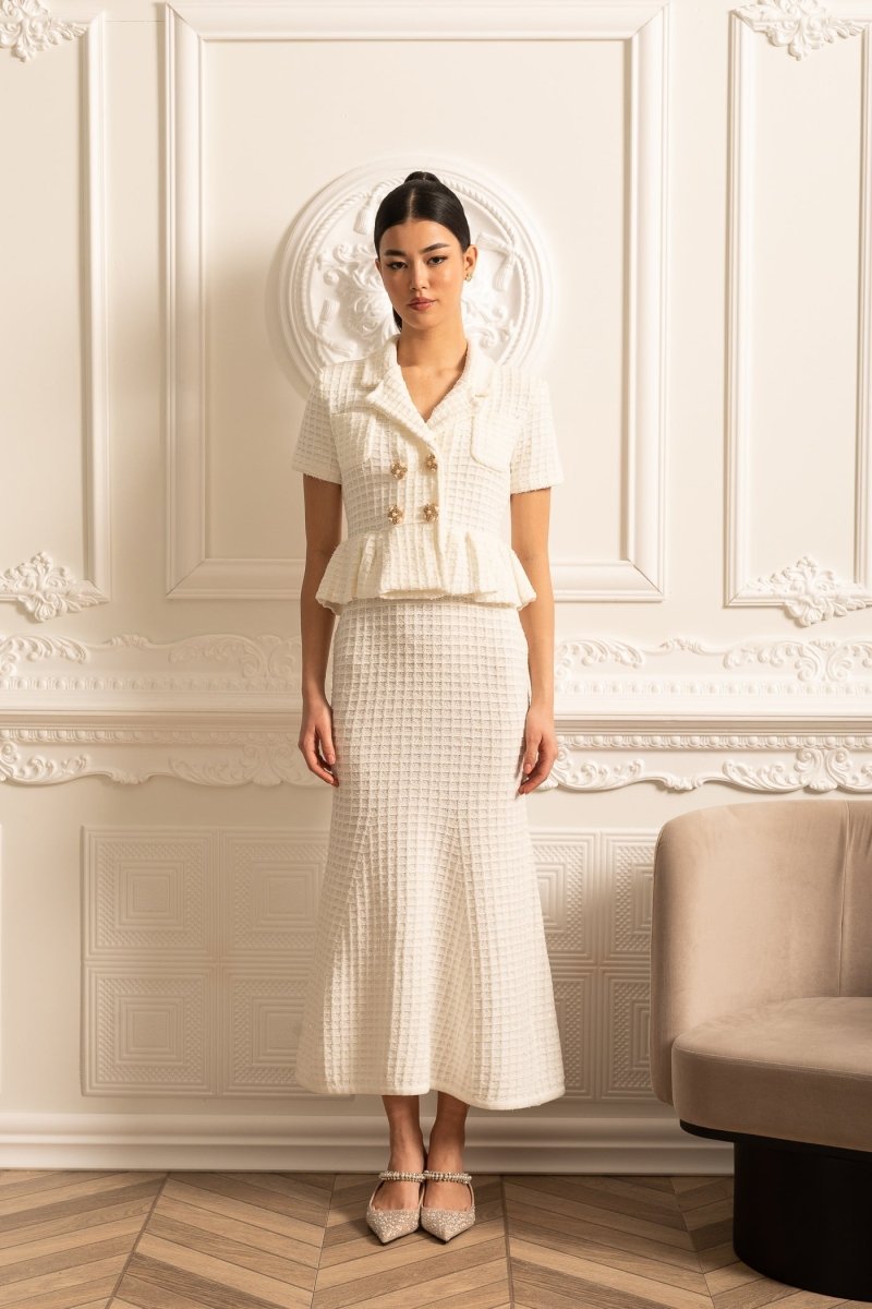 Altın Düğmeli ve Peplum Bel Detaylı Örme Midi Elbise - Phentora