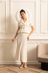 Altın Düğmeli ve Peplum Bel Detaylı Örme Midi Elbise - Phentora