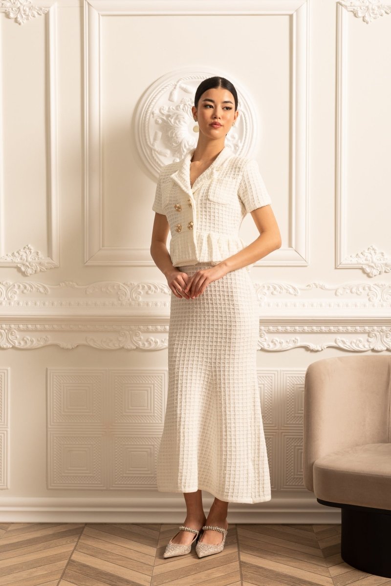 Altın Düğmeli ve Peplum Bel Detaylı Örme Midi Elbise - Phentora