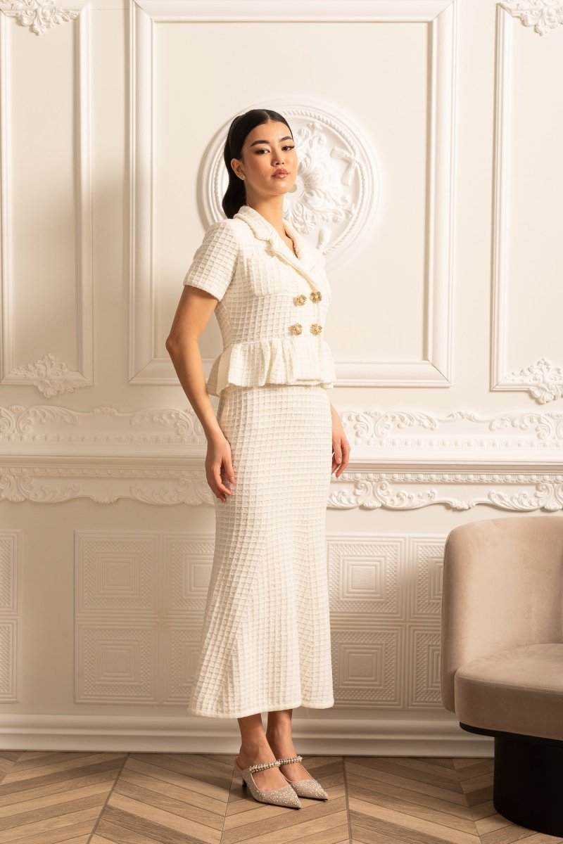 Altın Düğmeli ve Peplum Bel Detaylı Örme Midi Elbise - Phentora