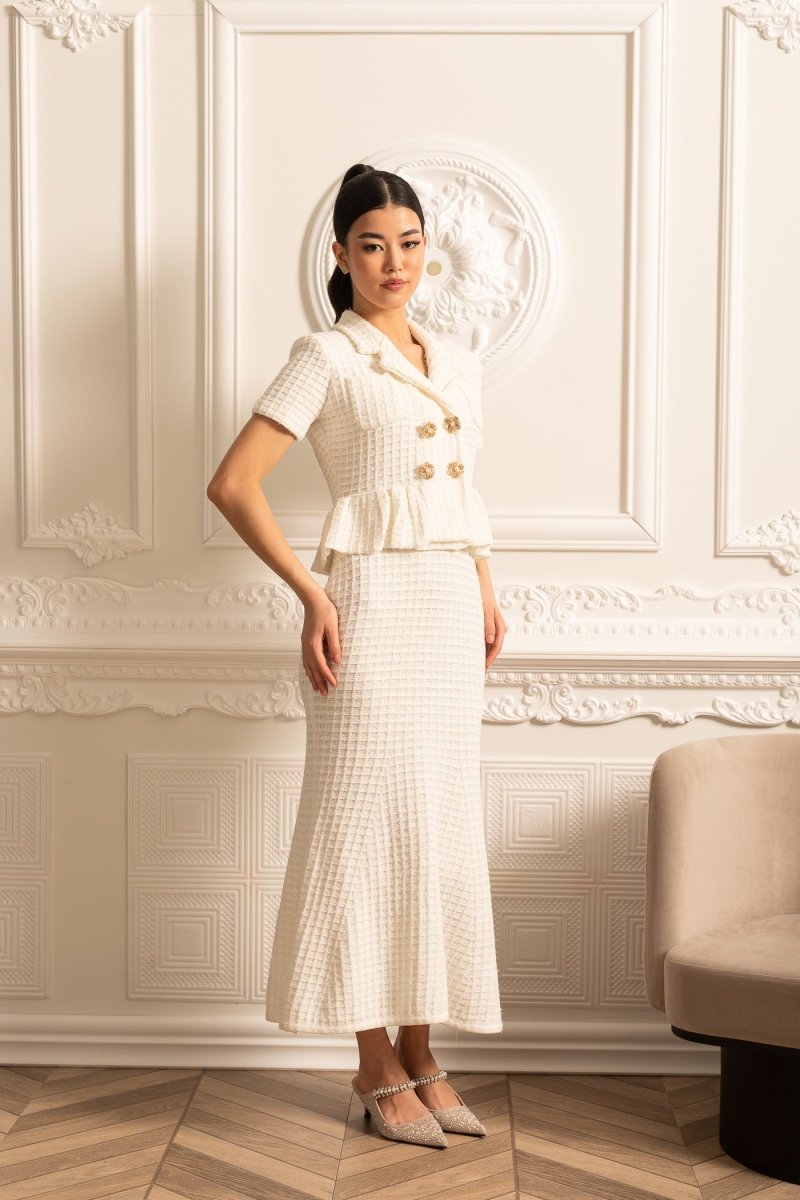 Altın Düğmeli ve Peplum Bel Detaylı Örme Midi Elbise - Phentora