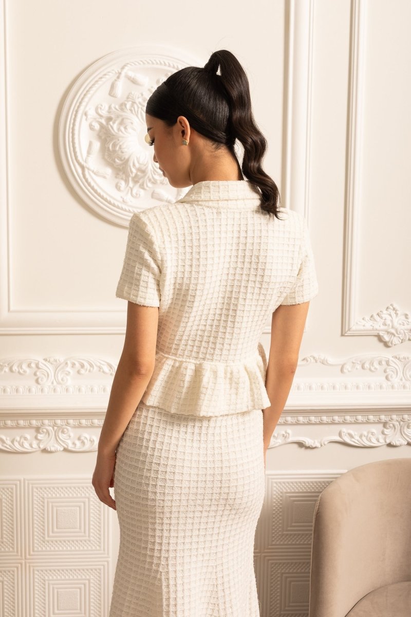 Altın Düğmeli ve Peplum Bel Detaylı Örme Midi Elbise - Phentora