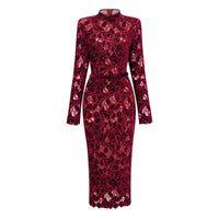 Kırmızı Çiçek Desenli Nakışlı Midi Elbise - Phentora