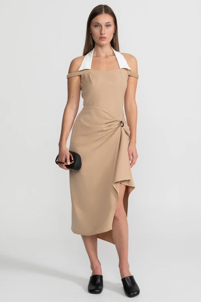 Boyundan Bağlamalı Midi Elbise Asimetrik Drape Detaylı – Nude - Phentora