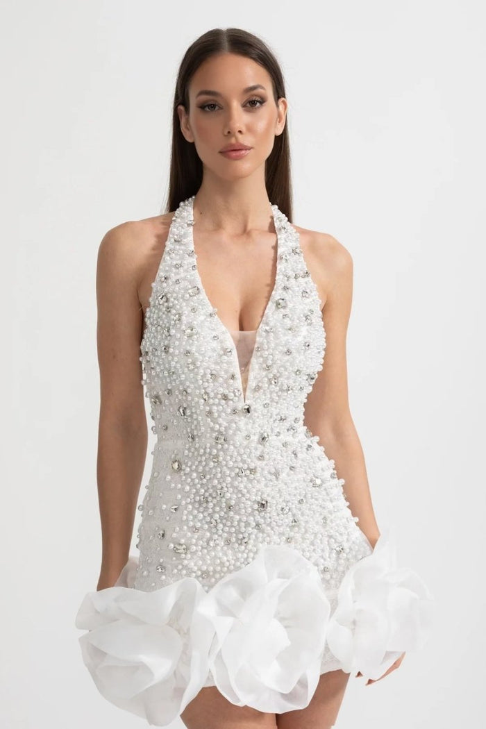 Mini Elbise Derin V Yaka - neckline ve İntricate İnci ve Boncuk İşleme Detaylı - Beyaz - Phentora