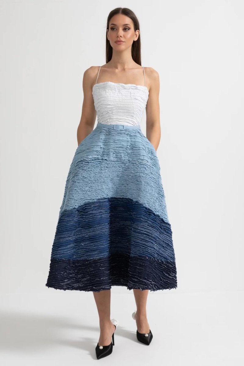 Midi Elbise Dokulu Katmanlı Fabric - Beyaz - Mavi - Phentora