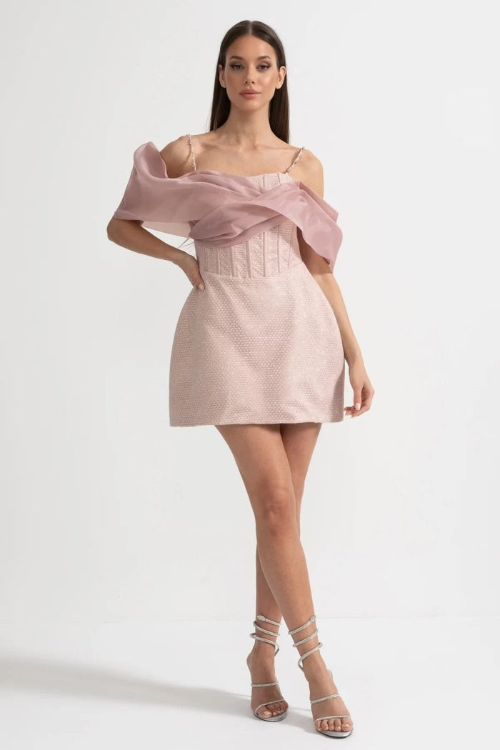 Elbise Vücuda Oturan Gövde, Patterned Fabric ve Transparan Drapeli Katmanlı - Pembe - Phentora