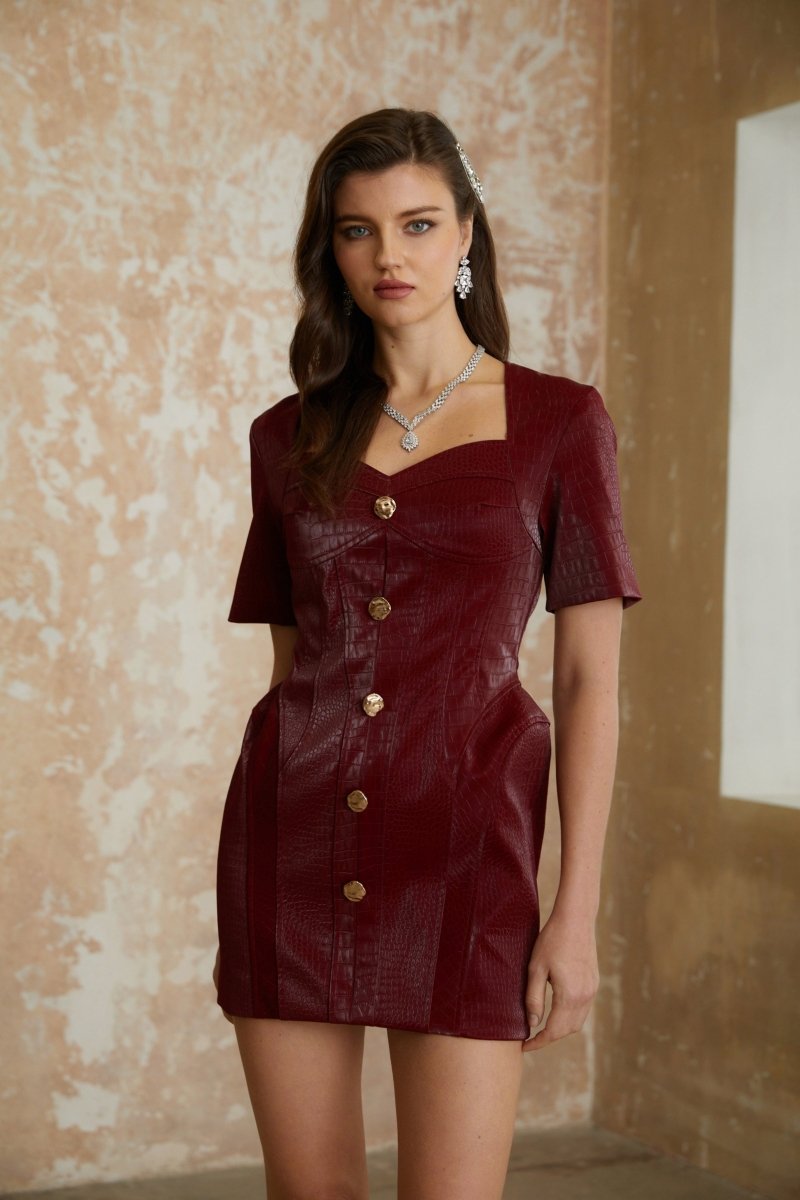 Kırmızı Deri Mini Elbise Dekoratif Düğme Detaylı - Phentora