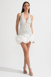 Mini Elbise Derin V Yaka - neckline ve İntricate İnci ve Boncuk İşleme Detaylı - Beyaz - Phentora