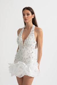Mini Elbise Derin V Yaka - neckline ve İntricate İnci ve Boncuk İşleme Detaylı - Beyaz - Phentora