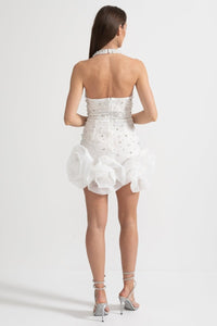 Mini Elbise Derin V Yaka - neckline ve İntricate İnci ve Boncuk İşleme Detaylı - Beyaz - Phentora